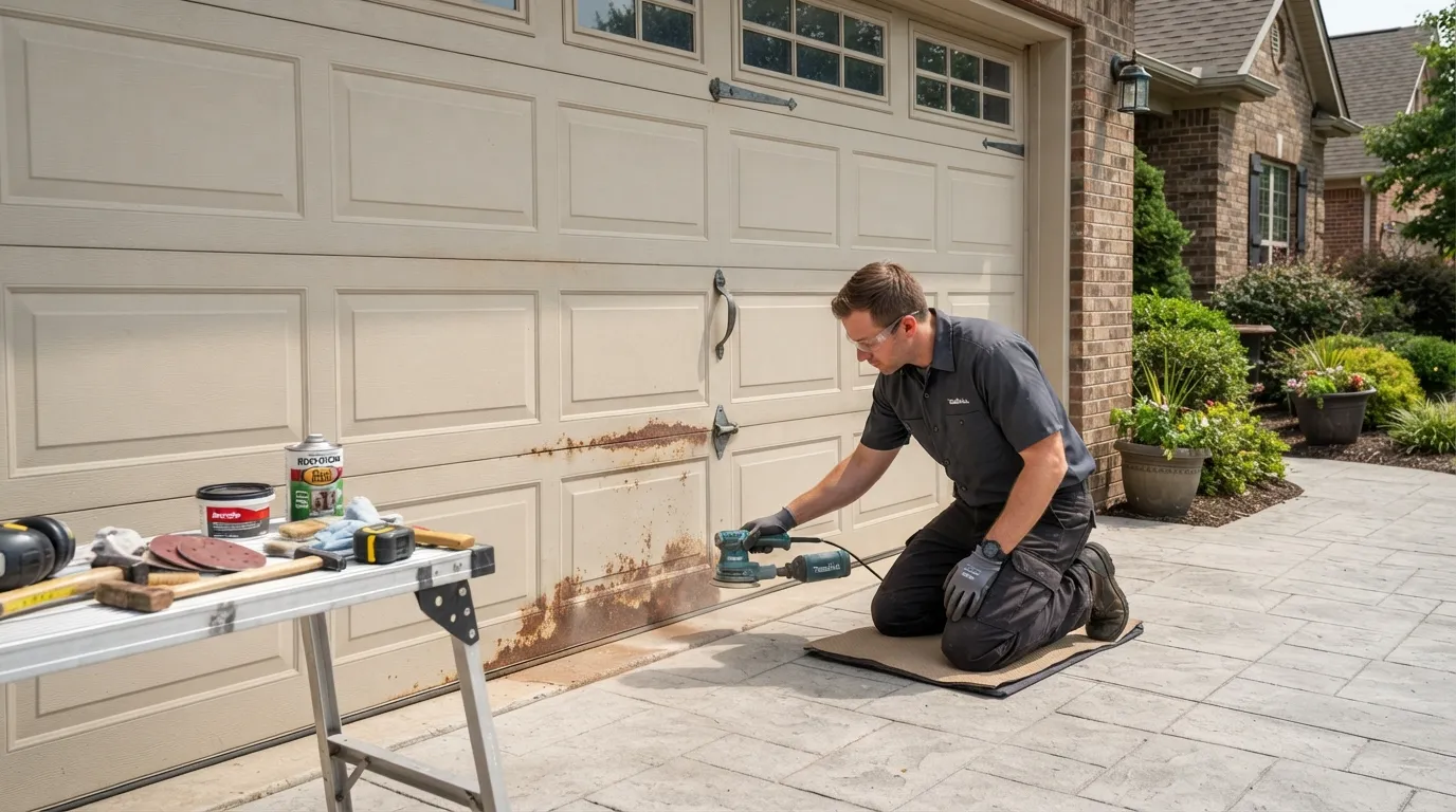 Garage door technician repairing a residential garage door in Gilbert Arizona