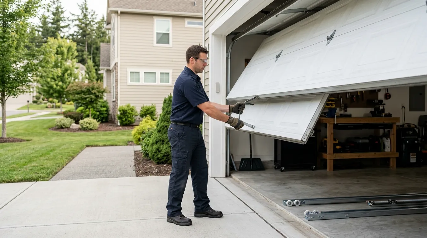 Garage door technician inspecting springs rollers tracks and opener in Gilbert Arizona